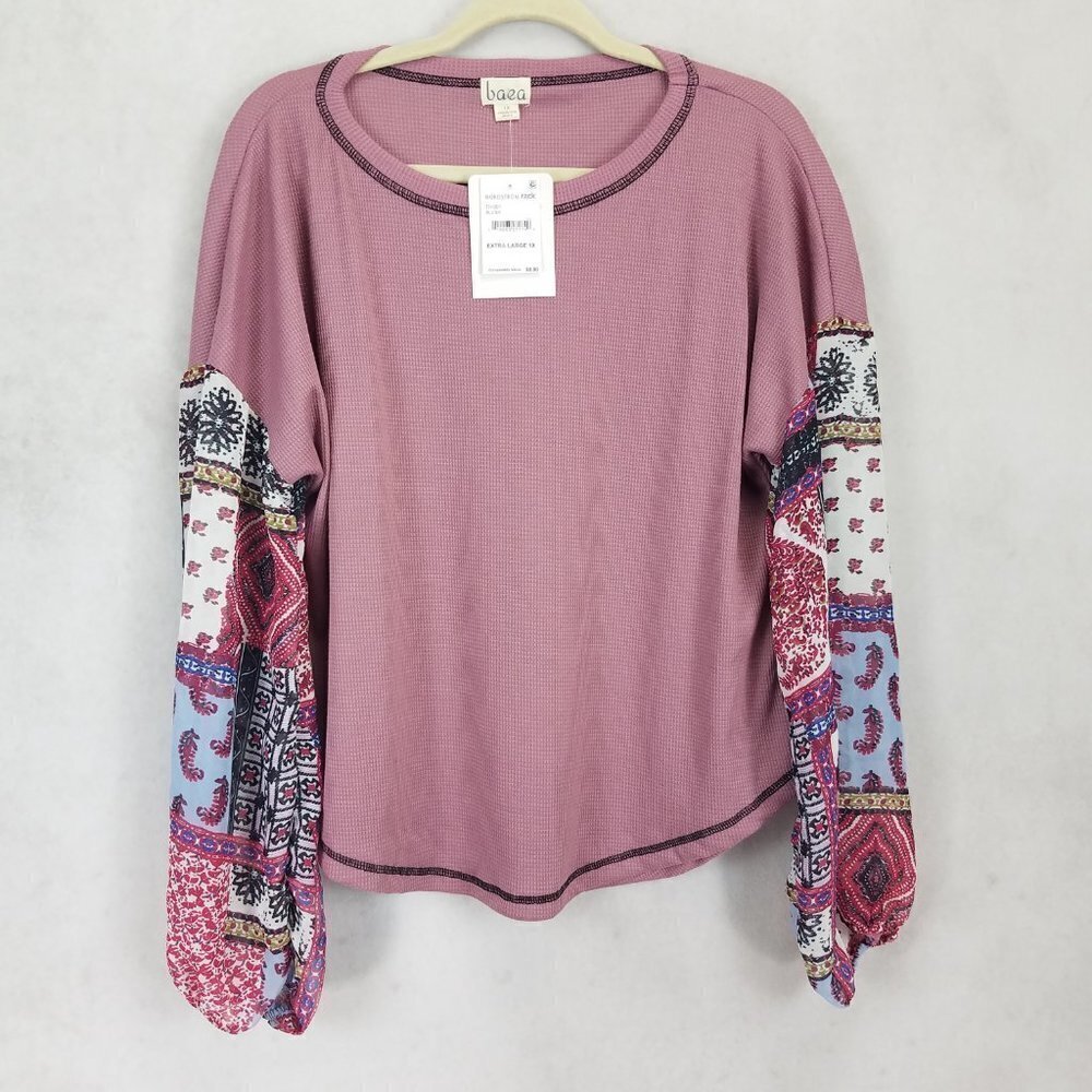 NEW Baea Size 1X Waffle Knit top in Blush with Contrasting Sleeves Boho NWT $88